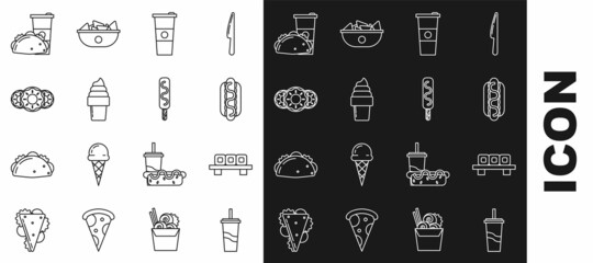 Set line Paper glass with drinking straw and water, Sushi on cutting board, Hotdog sandwich mustard, Ice cream waffle cone, Donut sweet glaze, taco tortilla and icon. Vector