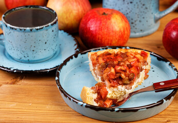 Closeup piece of homemade pie with apples, raisins and cinnamon. Shallow focus.