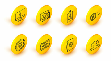 Set line Users group, Coin with Yen symbol, pound sterling, Identification badge, Financial chart or graph the computer monitor and mobile phone and Computer dollar icon. Vector