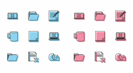 Set line Document folder, Delete file document, Laptop and cross mark on screen, Scotch, File, Coffee cup flat and icon. Vector