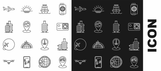 Set line Map pointer with Egypt pyramids, Suitcase for travel, Action extreme camera, Ship, mountain, Plane and icon. Vector