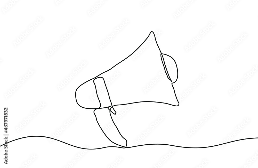 Poster continuous line drawing of megaphone. public horn speaker linear icon. one line drawing background. 