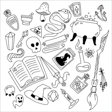 Vector hand drawn magic doodle set. Sketch magician collection. Witchcraft symbols: potion, skull, crystal, eyes, knife, hat, key, book, broom, horn, candle, cauldron.