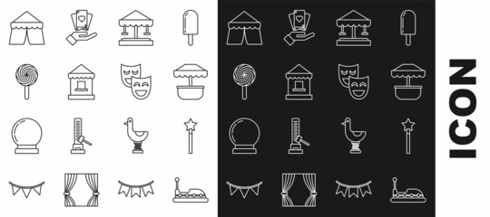 Set line Bumper car, Magic wand, Attraction carousel, Ticket box office, Lollipop, Circus tent and Comedy theatrical masks icon. Vector