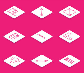 Set line Hunter boots, Hipster arrow, Bow and in quiver, Trap hunting, Cartridges, Hunting dog and Flame icon. Vector
