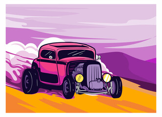 Fototapeta na wymiar poster hot rod car classic custom race desert color sci fi retro cyberpunk