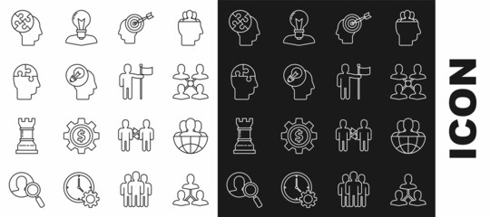 Fototapeta na wymiar Set line Project team base, Globe and people, Head hunting concept, Human head with lamp bulb, puzzles strategy, and Man holding flag icon. Vector