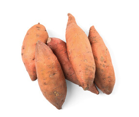 Heap of whole ripe sweet potatoes on white background, top view