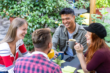 People group drinking american coffee and cappuccino at cafeteria bar garden - Happy friends...