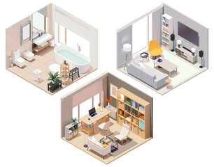 Vector isometric home rooms with furniture. Living room with sofa and tv, home office and bathroom