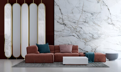 Modern luxury living room and red wall texture background interior design