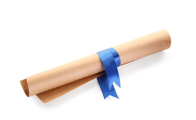 Rolled student's diploma with blue ribbon on white background