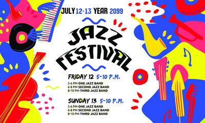 Jazz Festival poster, trendy doodle colorful style. Design template poster, flyer for streaming services