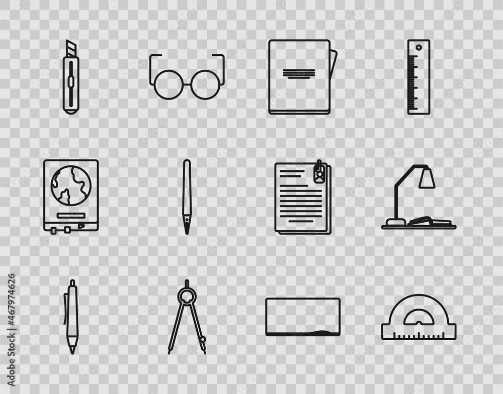 Poster set line pen, protractor grid for measuring degrees, notebook, drawing compass, stationery knife, ch