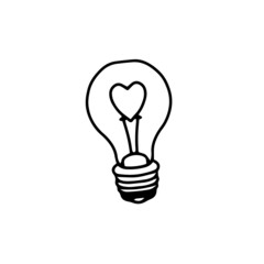Vector light bulb with a heart inside. Linear illustration for wedding, Valentine's day