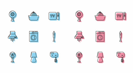 Set line Electric fan, Table lamp, Web camera, mixer, Washer, Blender, Kitchen extractor and Citrus fruit juicer icon. Vector