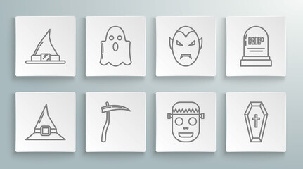 Set line Witch hat, Ghost, Scythe, Zombie mask, Coffin with christian cross, Vampire, Tombstone RIP and icon. Vector