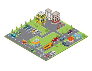 Street buildings with a bookstore, a pastry shop with sweets, cars, an ice cream cafe, a restaurant, a business center, a park. Collection of creative people.