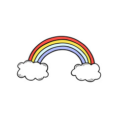 rainbow with clouds Doodle sketch style.  Hand drawn vector illustration isolated on white background.