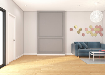 Nordic empty room with sofa and coffee table, white wall and wood floor. 3d rendering