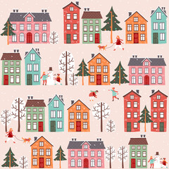 New Year and Christmas background. Houses, trees, snow and playing children. - 467976061