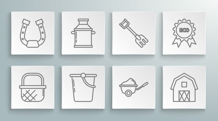 Set line Shopping basket, Can container for milk, Bucket, Wheelbarrow with dirt, Farm House concept, Garden rake, Banner, label, tag, logo eco and Horseshoe icon. Vector