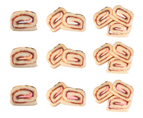 Set with pieces of tasty cake rolls on white background