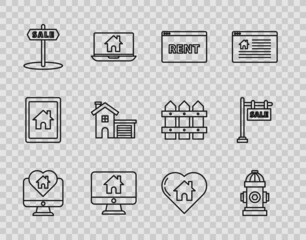 Set line Monitor with house in heart shape, Fire hydrant, Hanging sign text Online Rent, Computer monitor smart home, Sale, House, and icon. Vector