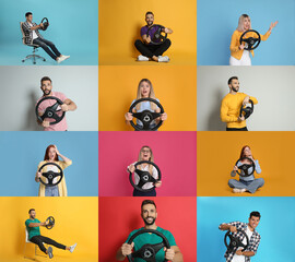 Emotional people with steering wheels on different color backgrounds, collage