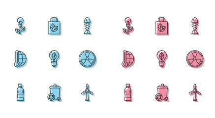 Obraz premium Set line Bottle of water, Recycle bin with recycle symbol, Light bulb leaf, Wind turbine, Radioactive, Meteorology thermometer measuring and Paper shopping bag icon. Vector