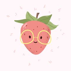 Cute strawberry with glasses. The concept of healthy eating. Vitamins in berries. Cute book illustration.Lettering. vector illustration. hand drawing style.