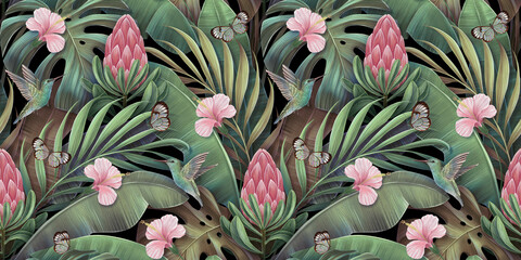 Tropical background with exotic flowers, birds, banana leaves, palm, protea, hibiscus, hummingbirds. Hand-drawn 3D illustration. Glamorous seamless pattern for luxury wallpapers, mural, cloth, fabric - 467977012