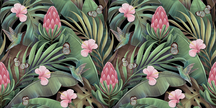 Tropical background with exotic flowers, birds, banana leaves, palm, protea, hibiscus, hummingbirds. Hand-drawn 3D illustration. Glamorous seamless pattern for luxury wallpapers, mural, cloth, fabric
