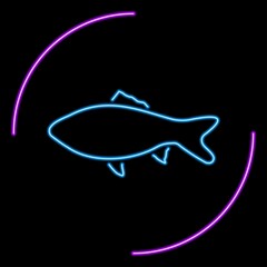 Fish neon sign, modern glowing banner design, colorful trend of modern design on black background. Vector illustration.