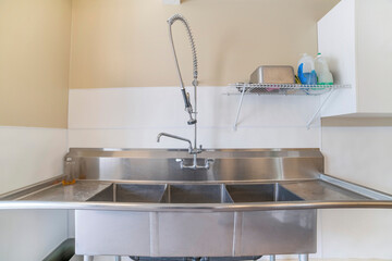 Stainless kitchen sink with pull out spring faucet and side sprayer
