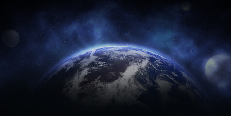 View of Earth in open space, illustration. Banner design