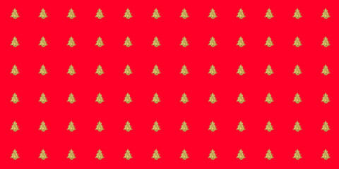 Seamless texture with golden Christmas trees on a red background. Horizontal banner. Happy New Year pattern. Wallpaper. Holiday decor paper. Poster backdrop. Concept. Calendar mockup design. Template