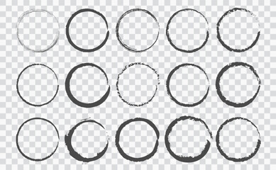 Set of circle brushes elements. Different circle brush strokes on transparent background. Grunge round shapes. Boxes, frames for text, labels, logo, grunge - obrazy, fototapety, plakaty