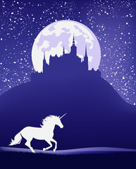 magical unicorn horse running at night with medieval castle skuline against full moon - fairy tale stallion silhouette and fantasy landscape vector design
