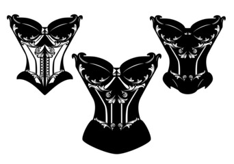 vintage style seductive elegant bra corset lingerie - woman luxurious underwear black and white vector design set - obrazy, fototapety, plakaty