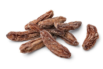 Heap of sun dried dried bananas isolated on white background