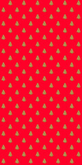 Seamless texture with golden Christmas trees on a red background. Vertical banner. Happy New Year pattern. Wallpaper. Holiday decor paper. Poster backdrop. Concept. Calendar mockup design. Template