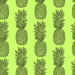 Line art monochrome pineapple pattern. Hand drawn seamless pattern with pineapples. Tropical ornament