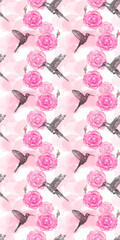 Seamless pattern with graphic colibri bird and tender watercolor roses for cover, packaging, wrapping paper, wallpaper for walls, bedding, textiles, fabri wallpaper, decoration