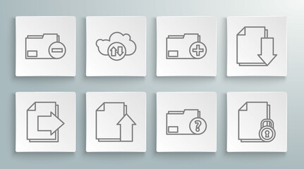 Set line Next page arrow, Cloud download and upload, Upload file document, Unknown folder, Document lock, Add new, with and minus icon. Vector