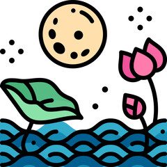 Full moon and lotus flower and leaf colored line vector illustration scene.Celebrate Loi Krathong festival that is a Thailand floating decorated basket annual festival to respect river spirit