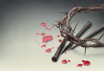 Bloody nails, crown of thorns, drops of blood Christian Easter holiday.