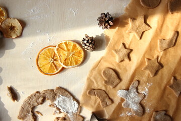 Ginger cookie. Top view. Christmas items.