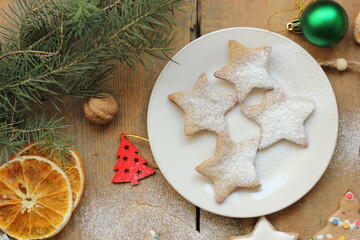 Fototapeta na wymiar Ginger cookie. Top view. Christmas items.