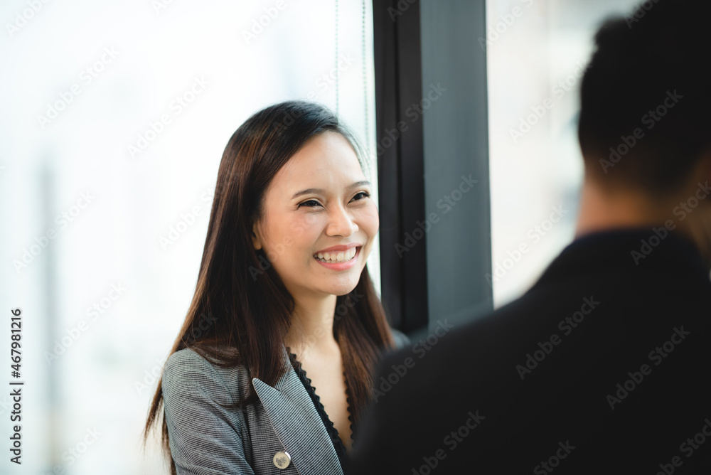 Poster business manager team are meeting to discussion talk together in modern office